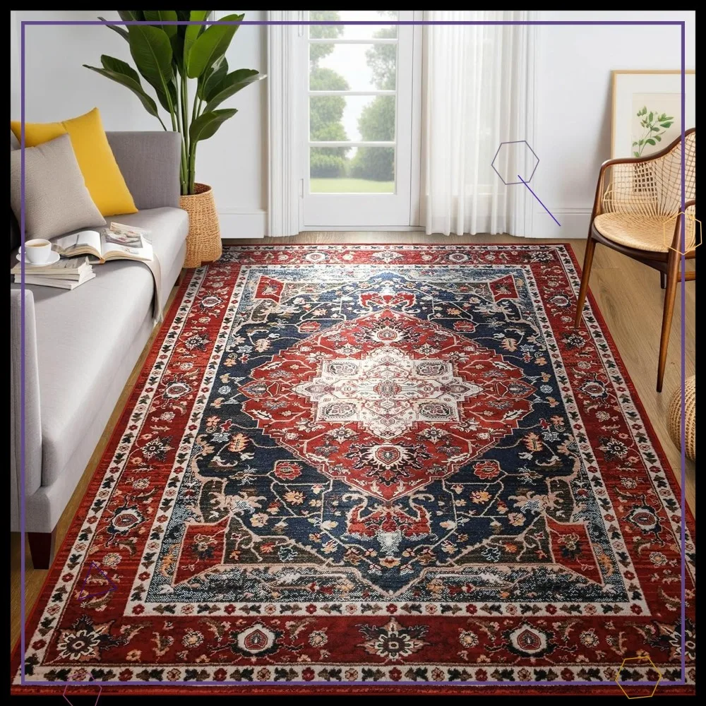 

Large 5x8 Machine Washable Boho Rug, Low Pile Lightweight Floral Vintage Print for Living Room Bedroom Dining, Red