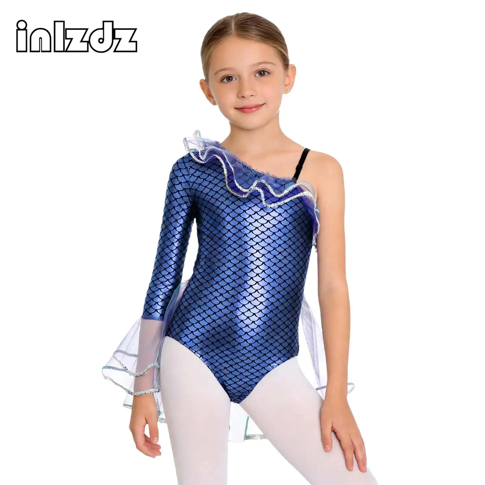 

Girls Mermaid Cosplay Costume Halloween Carnival Fancy Dress Up Right Mesh Flare Cuff Gymnastics Ballet Dance Leotard Swimwear