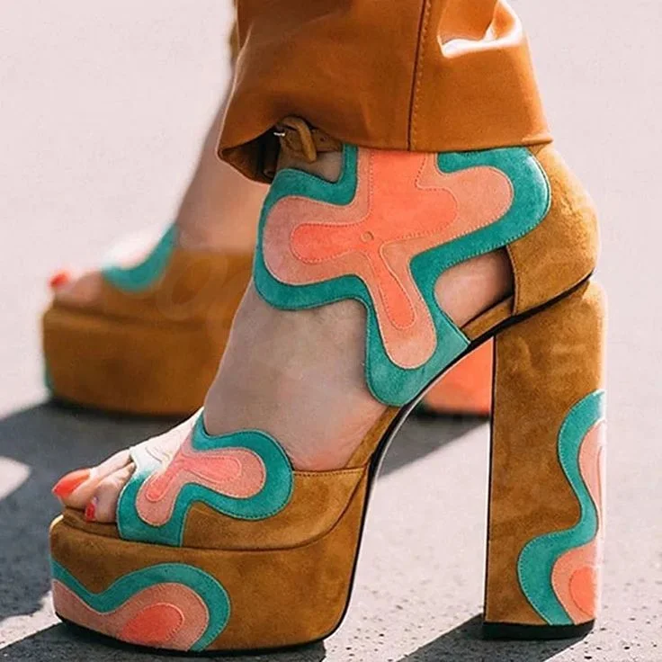 Women Retro Abstract Wavy Floral Patchwork Platform Sandals Chunky Block Heel Peep Toe Ankle Strap Statement Party Festival Shoe