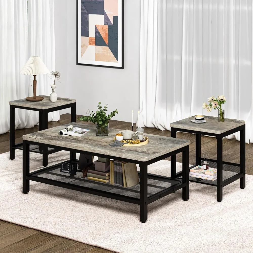 3 Pieces Living Room Table Set, Industrial Coffee Table with 2 Square End Side Tables,