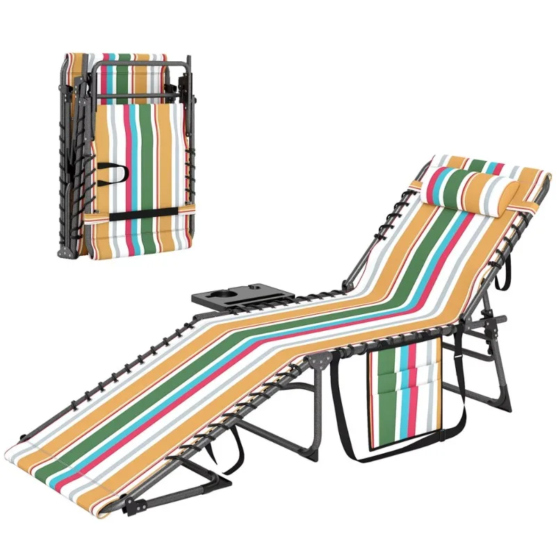 Mixed-color folding outdoor lounge chair with adjustable backrest beach chair with side table and pillow bag