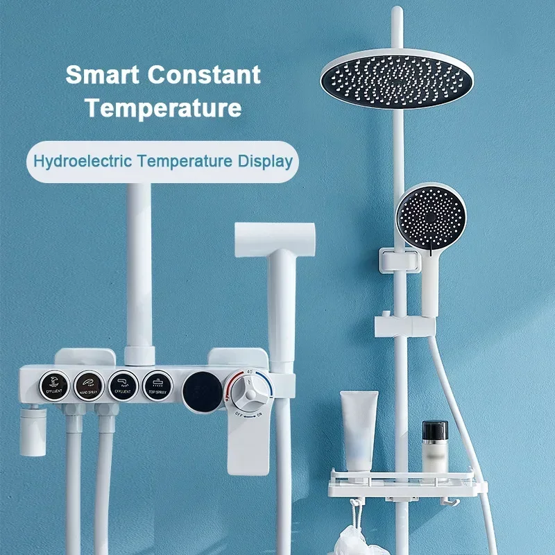 Smart Thermostatic Shower Set Household White Digital Display Bathroom Shower Faucet Wall Mount All Copper Shower Mixers Systems