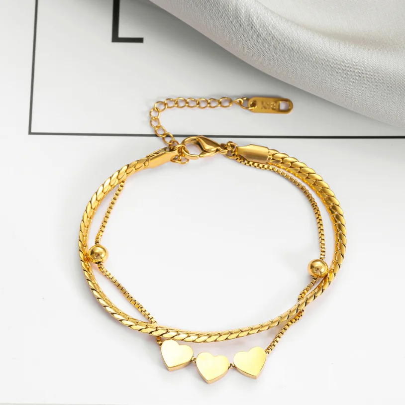 316L Stainless Steel New Fashion Upscale Jewelry 2 Layer Lovers Love Heart Beaded Charm Thick Chain Bracelets Bangles For Women