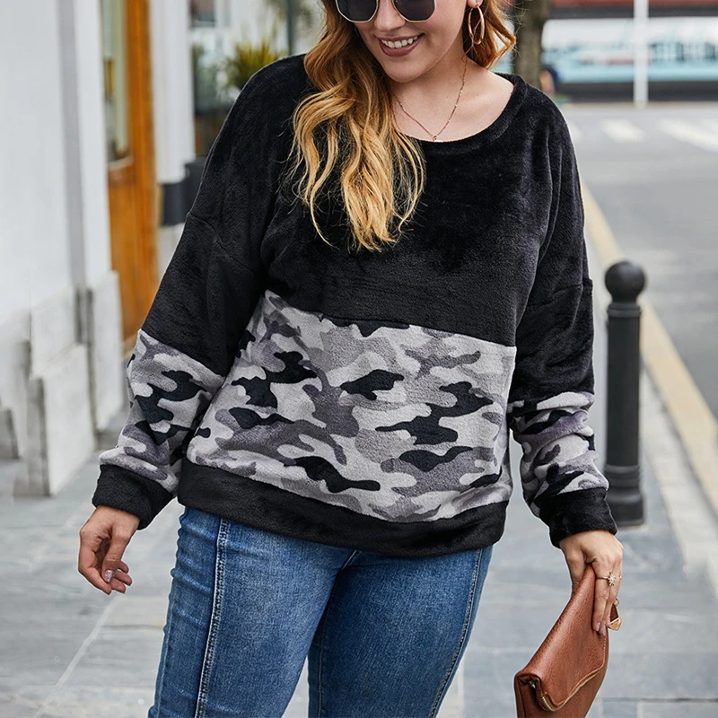 Picture 6: Autumn new plus size leisure sweater fashion ladies round neck long sleeve plush leopard stitching sports sweater.