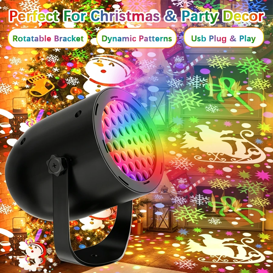 1PC USB Colorful Ambient Lamp Mountable Christmas Snowflake Projector Light for Holiday Party Decor