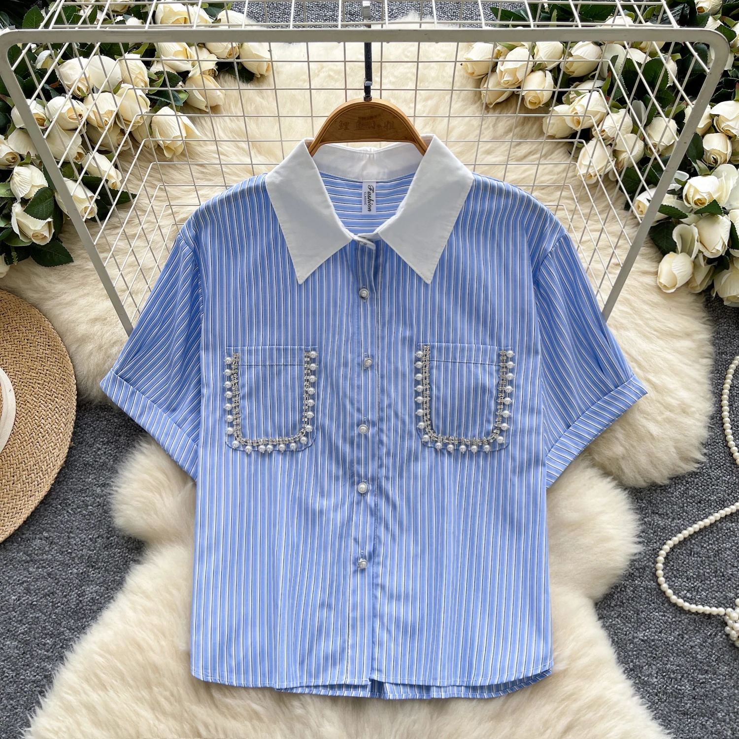 

French Beadings Pocket Women Shirts Fashion Striped Single Breasted Blue Lady Blouses Short Sleeve Commuter Tops