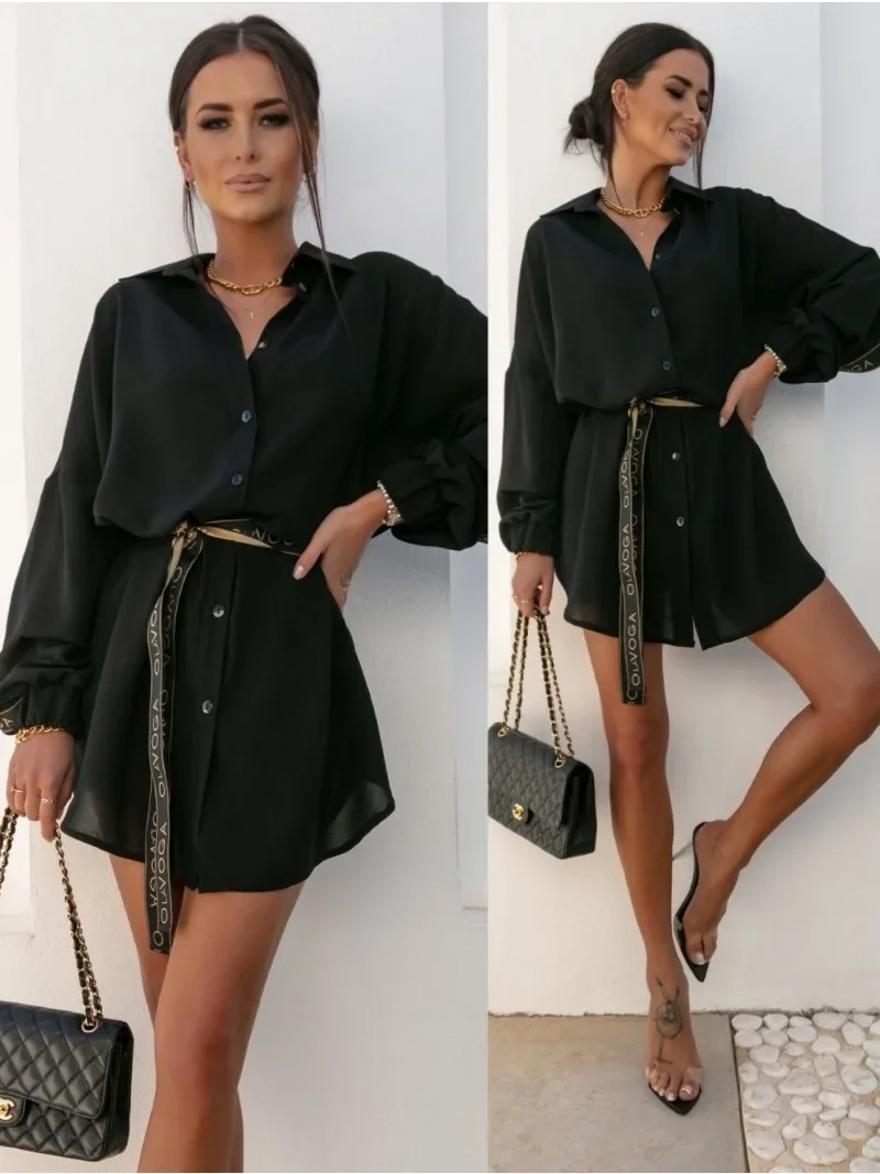 Summer Women Long Sleeved Waist Tied Shirt Skirt Cuff Tie Mini Shirt Casual Long Skirt Belt Waist Button Solid Color Shirt Dress