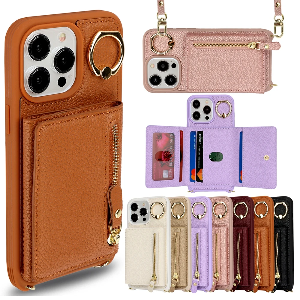 Leather Phone Wallet Case For Iphone 15 14 13 12 11 Pro Max XS X XR Protective Leather Cover Ring Holder Zipper Cards Holder