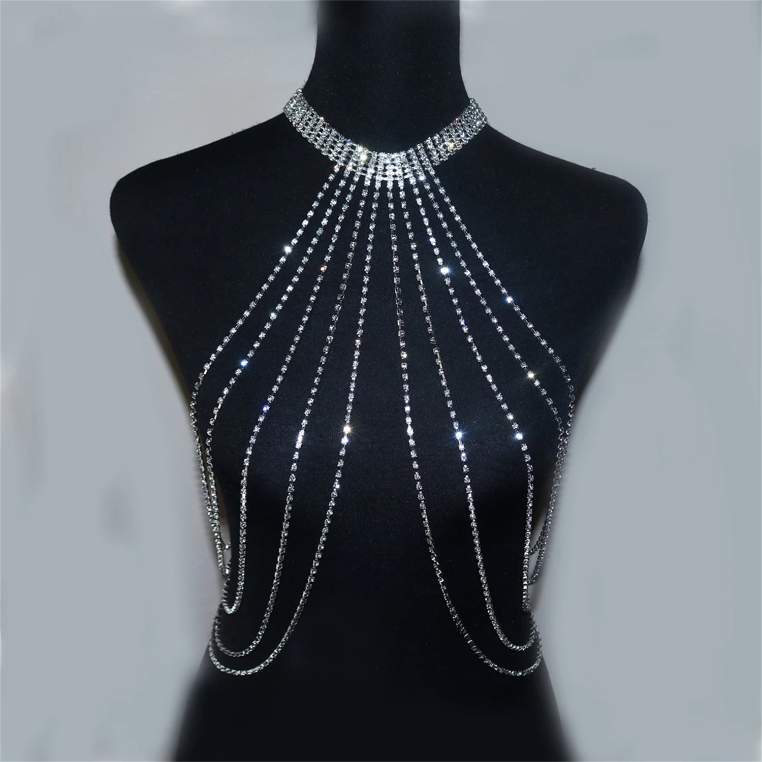 Summer Beach Sexy Rhinestone Bra Body Chain European American Multi layer Long Tassel Necklace Chest Chain Top