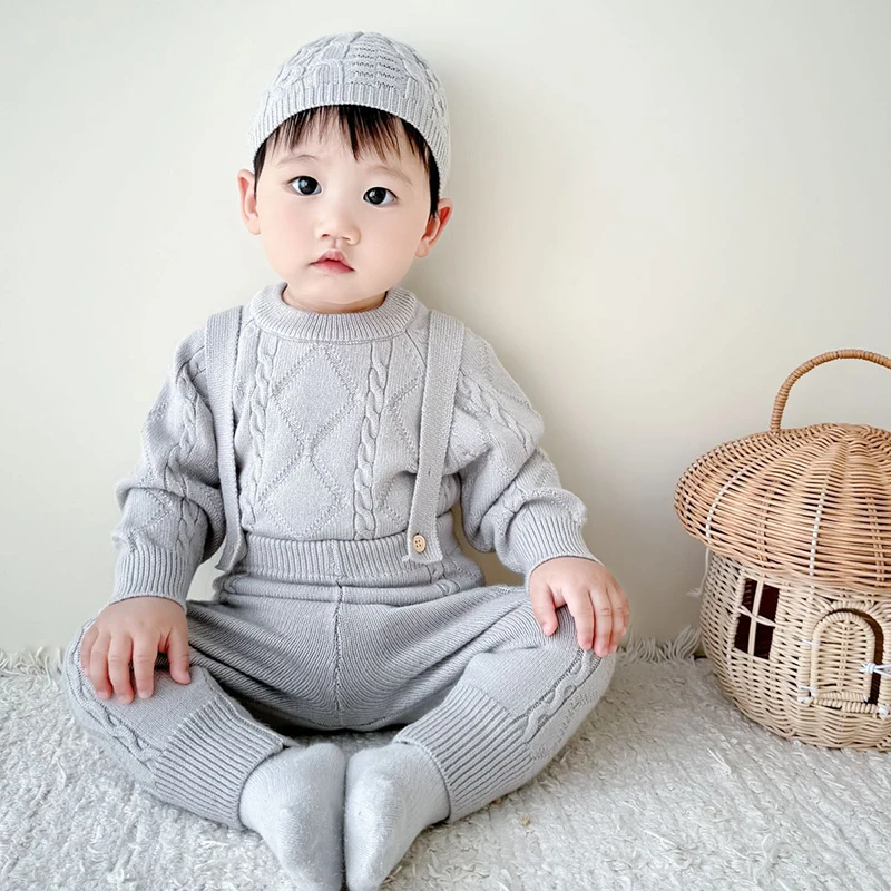

2025 New Autumn 0-3Yrs Children Knitted Clothes Suit Long Sleeved Knitted Pullover+Jumpsuit Newborn Baby Boys Girls Clothing Set