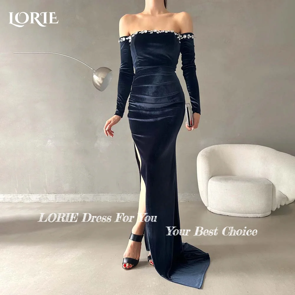 LORIE Black Slit Mermaid Evening Dress Long Sleeve Velvet Party Dresses Stone Prom Dress Off Shoulder Party Gowns Customized