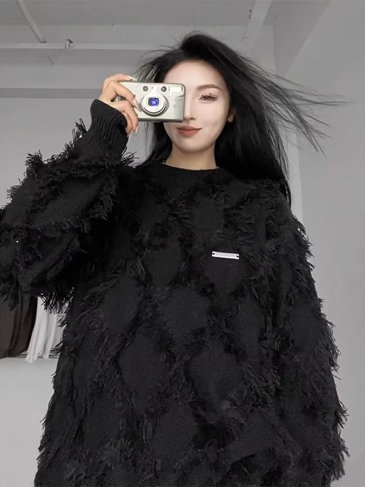 

Loose Fit round Ne Tassel Knitwear Men's plus Size Korean Retro Sle Winter Faion Pure Color Polyester Fiber Sweater