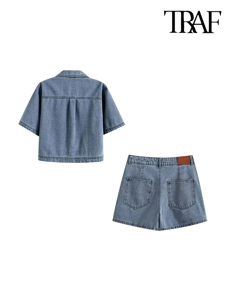 TRAF Women Fashion With Pockets Denim Crop Shirts And High Waist Asymmetric Shorts Skirts Female Two Piece Sets Mujer