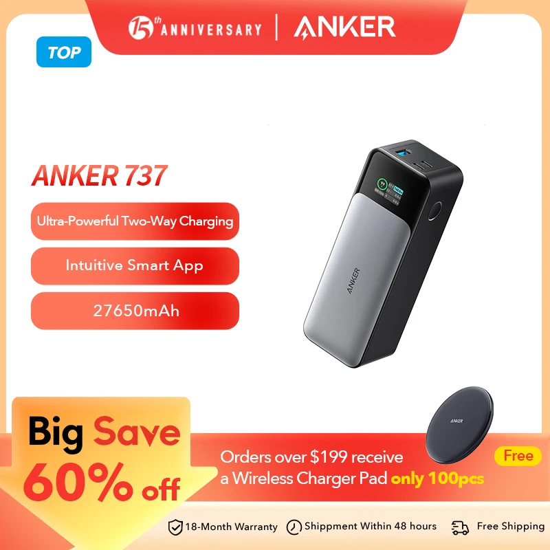 Anker 737 Power Bank 24000mAh 140W Powerbank 3-Port Portable Battery Fast Charging Spare Battery