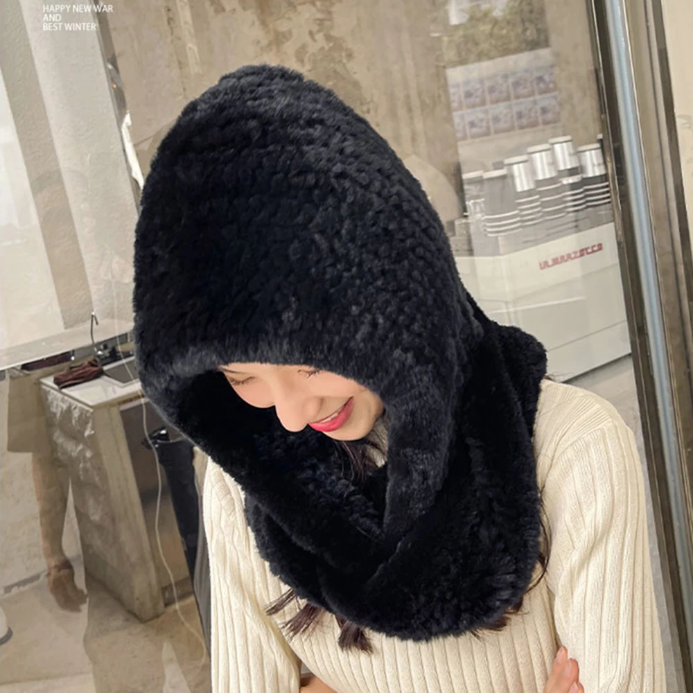 Hot Sale New Women Real Knitted Rex Rabbit Fur Hat Hooded Scarf Long Winter Warm Fur Hat With Neck Collar Scarves Hat Scarf