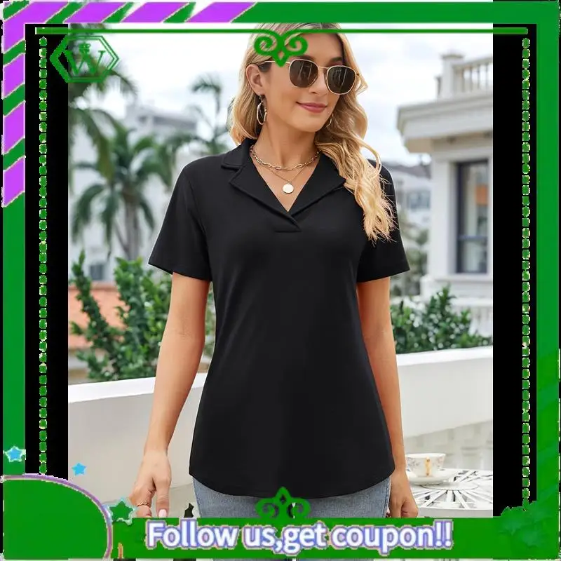 

A18P-Women's Shirts Lapel Collar V Neck Short Sleeve Blouse Dressy Casual Tunic Tops