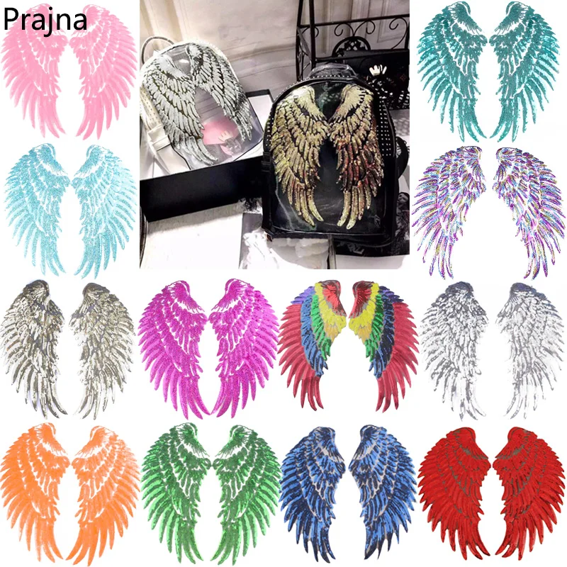 1Pair Gold Silver Rainbow Sequin Feather Angel Wings Patches Iron On Dress Jeans Shirt DIY Applique Decoration Wing Sewing Patch