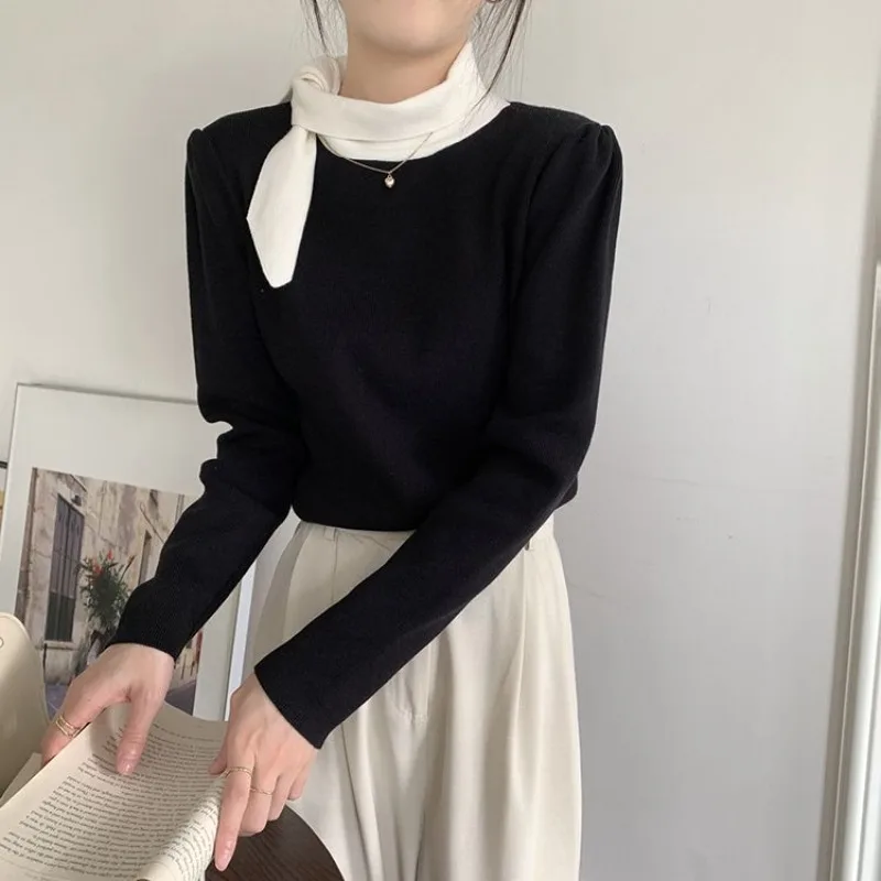 

Женский свитер с пышными рукавами на осень и зиму, новый стильный дизайн, тонкий топ с длинными рукавами