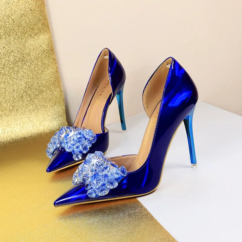 

Women Patent Leather High Heel Shoes Rhinestone Bow Design Woman Pointed Toe Pumps Ladies Shoes