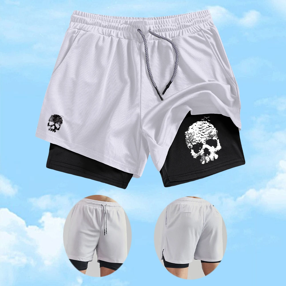 Men's Casual 2 In 1 Sports Shorts With Skull Print Casual Fashion Surfing Swim Trunks Summer Vacation Running Basic Outfit