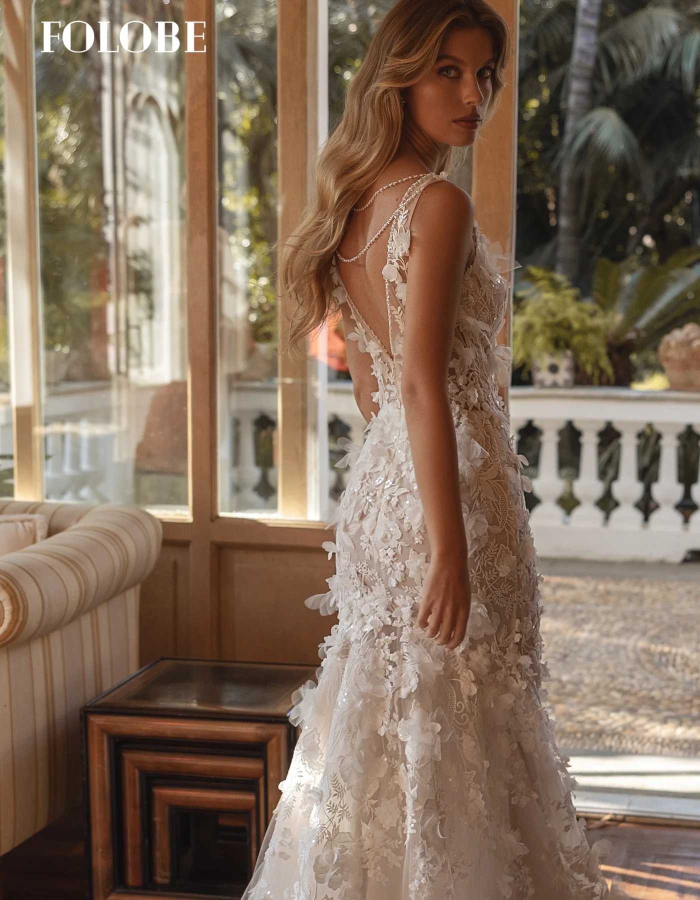 FOLOBE V-ausschnitt Applique Meerjungfrau mit Ärmellose 3D Blumen Braut Ballkleid Hochzeit Party Braut vestidos de noche Angepasst