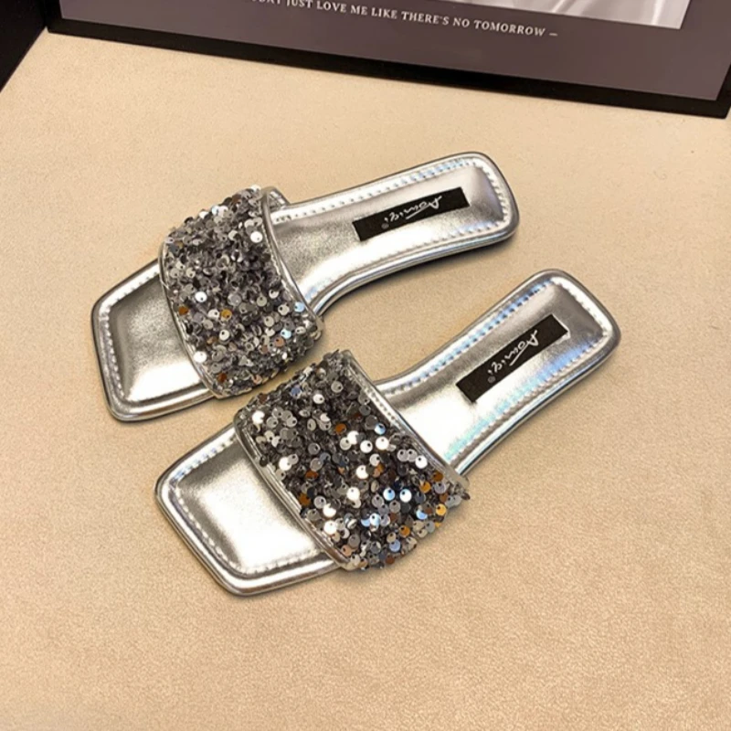 

Женские сандалии с плоской подошвой и блестками, тапочки, верхняя одежда, летние тапочки с мягкой подошвой и одним словом