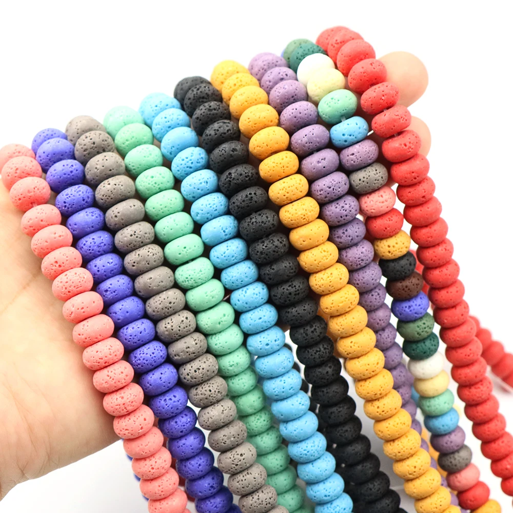Perles en pierre de lave volcanique colorées noires, perles rondes en forme d'abaque, 6x10mm, pour la fabrication de colliers, bracelets et bijoux DIY