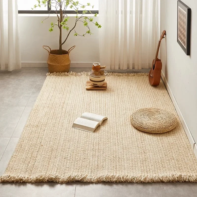 Modern Handwoven Jute Rug for Living Room Natural Fiber Coffee Table Mat Study Bedside Area Carpet Minimalist Non-Slip Floor Pad