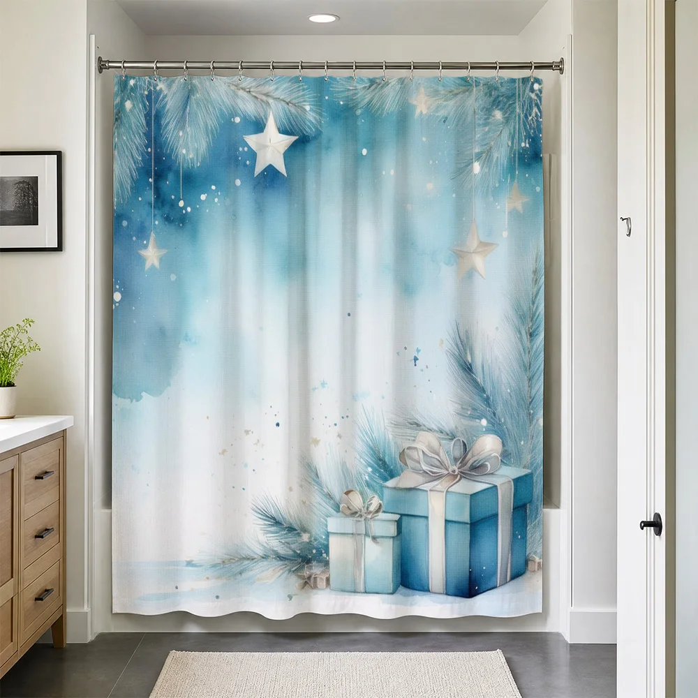 Blue Winter Snowflake Forest Shower Curtain Bathroom Decor Xmas Holiday Seasonal Waterproof Curtain