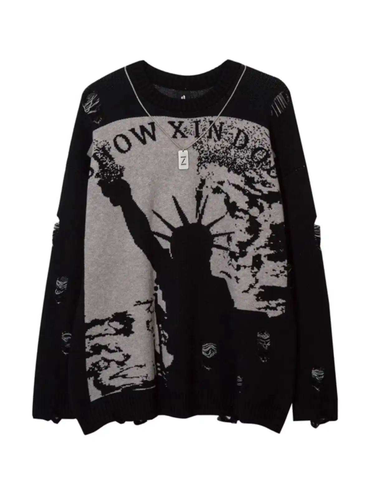 

Unisex Knitting Sweater 2026 Spring Autumn Men's Dark Y2K Vintage Statue Of Liberty Ripped Sweater Oversize Loose Knitted Top