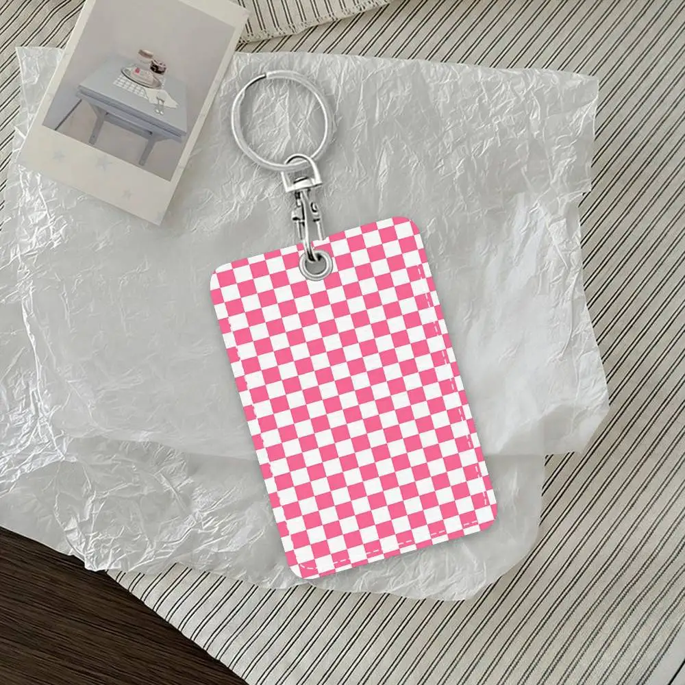 

Pink Chessboard Card Holde Applicable To Credit Cards Bus Card Soft Leather Rectangular Keychain Protective Cover