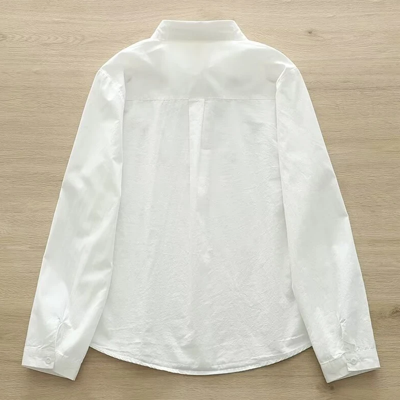 Desenhos animados de cereja gato bordado camisa feminina, casual doce cor branca, blusa de algodão manga comprida, tops femininos, primavera, outono, novo, U284