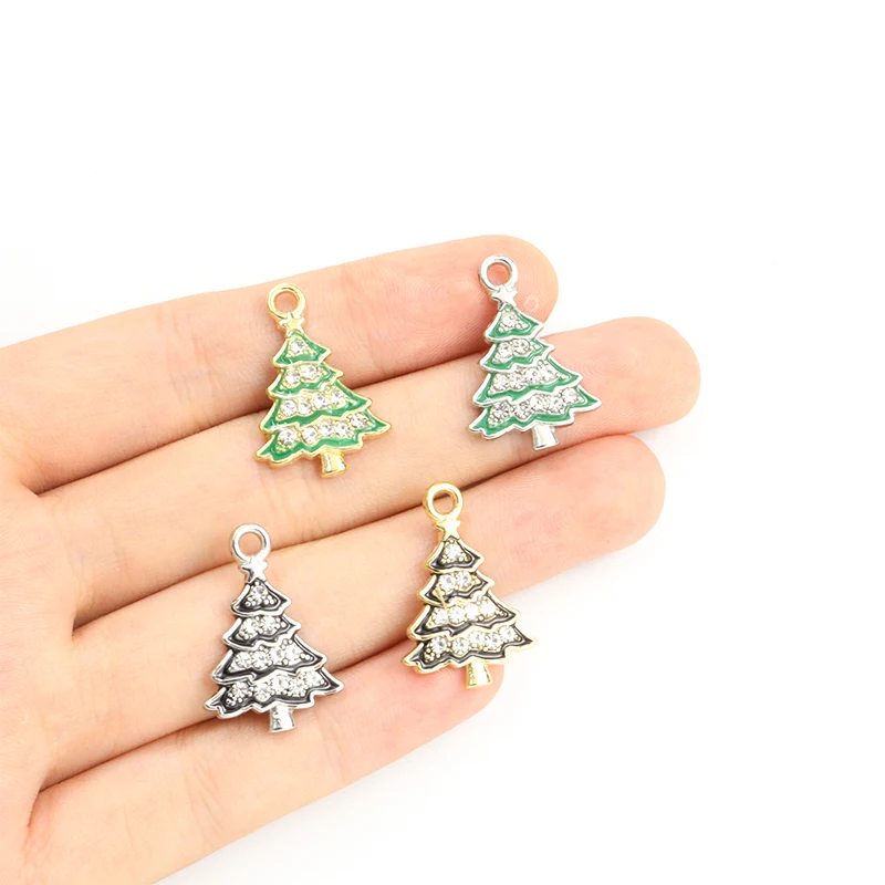 10pcs Christmas Tree Enamel Charm Cute Pine Tree Alloy Crystal Pendant For Jewelry DIY Making Findings 2023 Christmas Decoration