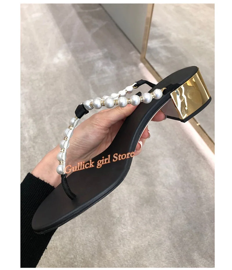 Pearls Decor Flip Flop Middle Heel Slippers Open Toe Black White Slip On Handmade Runway 2026 Summer Women Shoes Chunky Heel