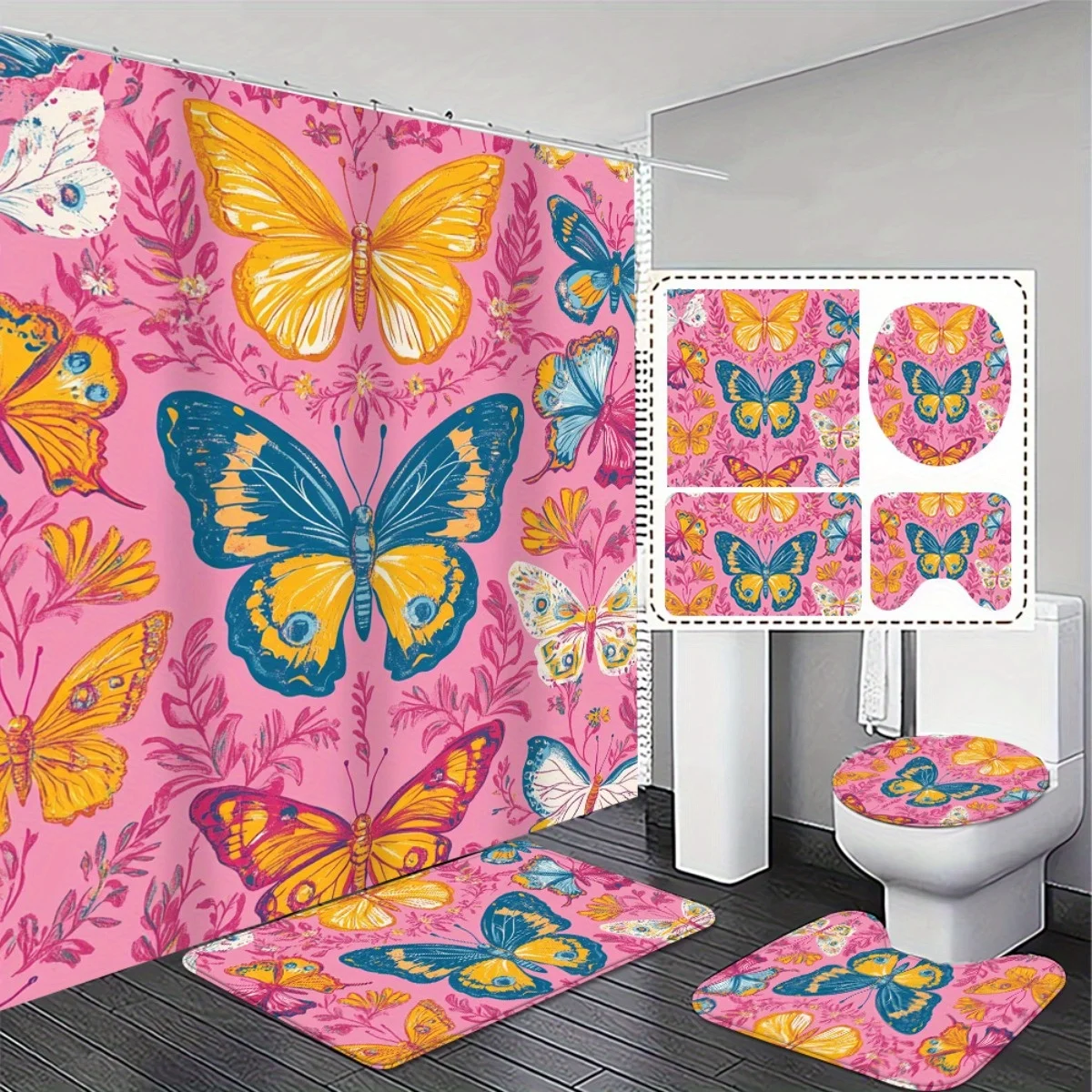 

4pcs. Colorful Butterfly Print Bathroom Set - Non-Slip Absorbent Rugs, Soft Comfortable Bath Mats, High Quality Shower