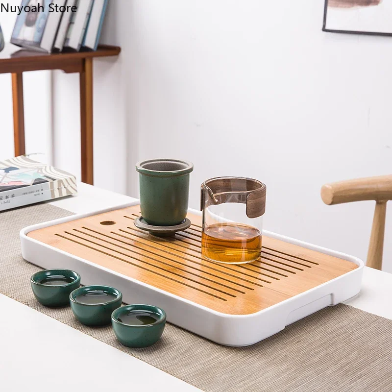 Bamboo Tea Tray Drainage Water Storage Kungfu Tea Set Living Room Coffee Table Drain Tray Storage Supplies Melamine Tea Tray