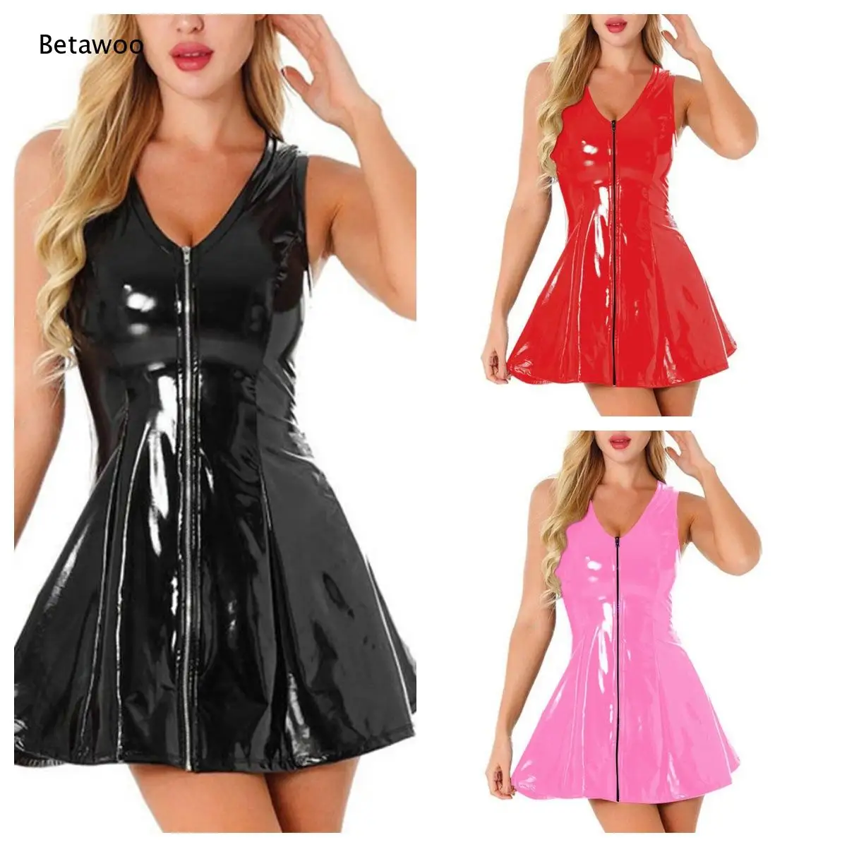 Tief Ausgeschnittenes Ärmelloses Minikleid mit Reißverschluss aus Lackleder Partykleid Bodycon-Kleid für Damen in Verschiedenen Einfarbigen Ausführungen