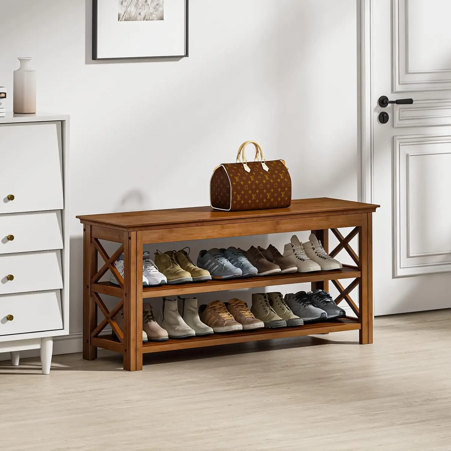 

3-Tier Bamboo Shoe Rack Bench with Storage, Rustic Solid Wood Entryway Organizer (X-Brown, 39.4")