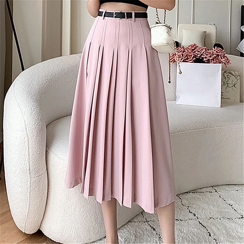 Seoulish Vintage Women\'s Pleated Long Skirts Autumn 2024 New Elegant Solid Color High Waist Casual Office Lady Skirts Female