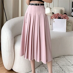 Seoulish Vintage Women's Pleated Long Skirts Autumn 2024 New Elegant Solid Color High Waist Casual Office Lady Skirts Female