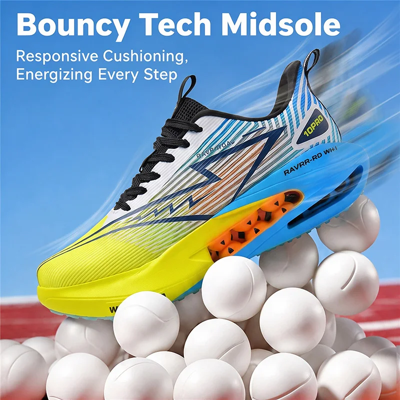 Zapatillas de running unisex con placa de carbono, ligeras, transpirables, con tejido de malla, ideales para maratones y carreras, con amortiguación de alto rendimiento y diseño deportivo.