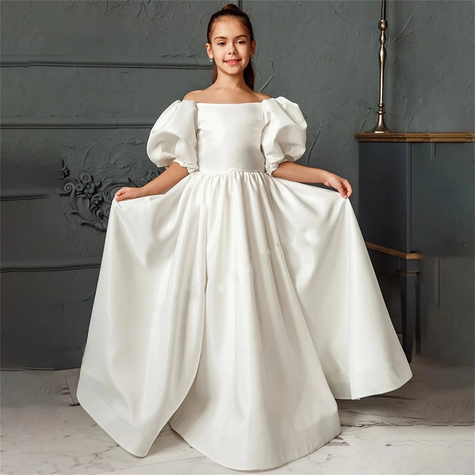 Ivory Satin Flower Girl Dress For Wedding Simple Puffy Floor Length With Bow Kids Birthday Party First Communion Ball Gowns