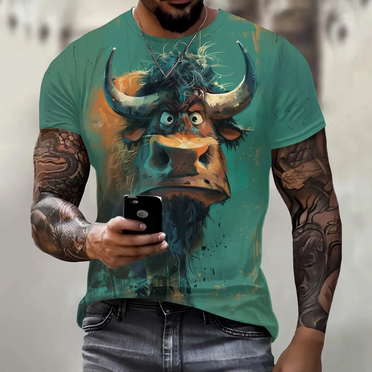 

T-Shirt For Man With Print 3d Angry Bull Print Tees Tops Fashion Men Animal Pattern T Shirt Oversized Streetwear O-Neck Fashion