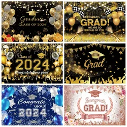 2024 Happy Graduation Backdrop Glitter Balloon Bachelor Cap Grad Class of Graduates Party Photography Background Decor