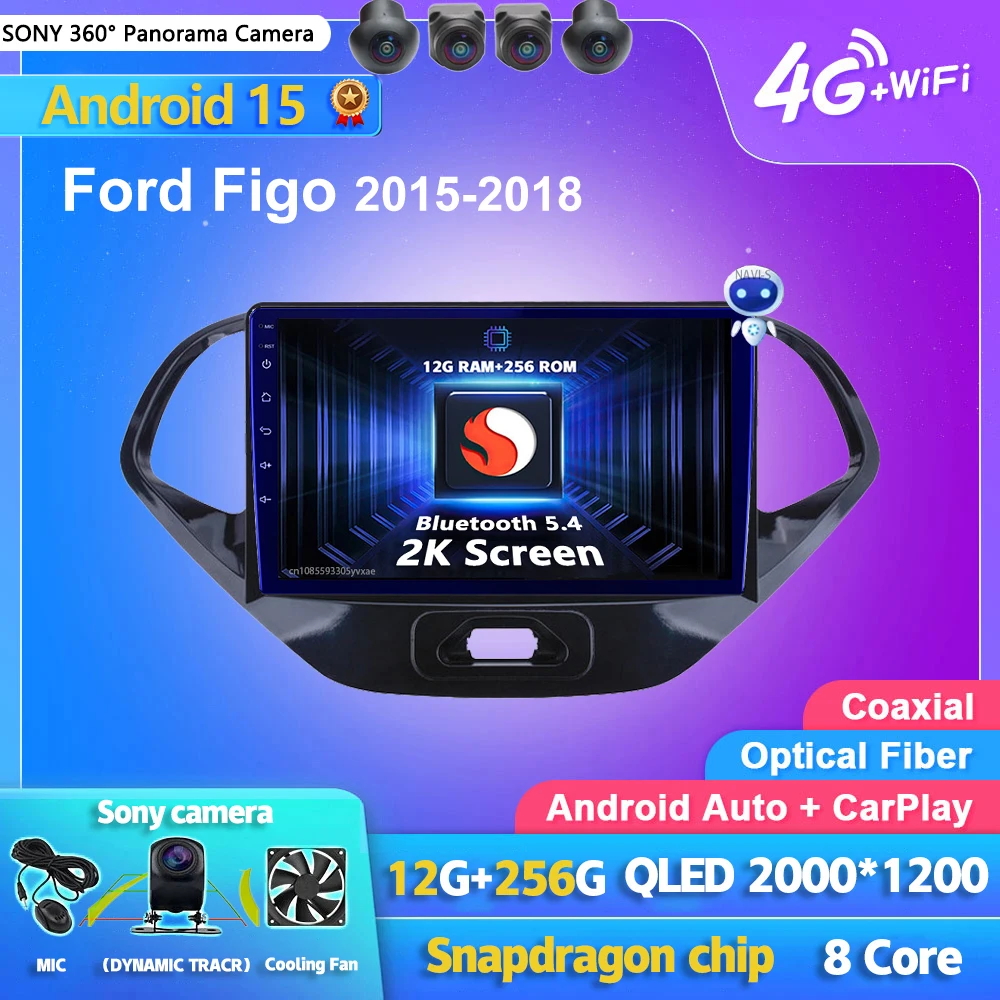 

Android 15 Carplay Auto 2K Screen Car Radio BT Multimedia Video Player For Ford Figo 2015 - 2018 Autoradio Stereo 2din Head Unit