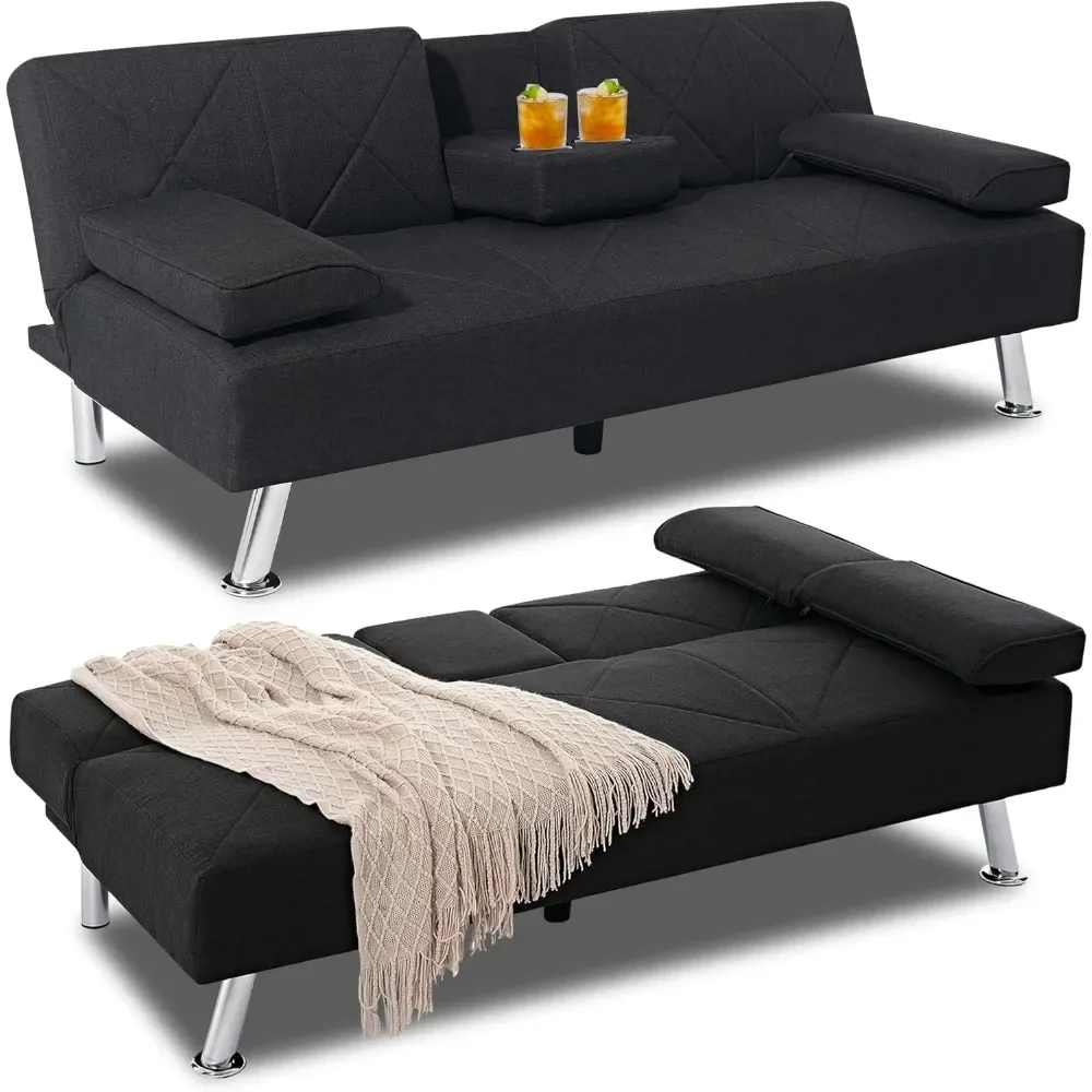 Modern Convertible Folding Futon Sofa Bed with Removable Armrests Breathable Linen Recliner Couch for Living Room/Apartme