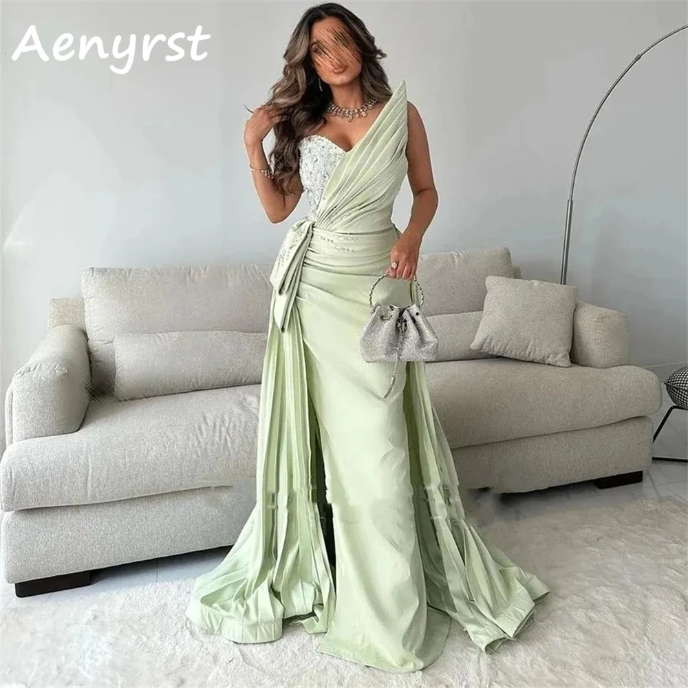 Aenyrst gaun Prom Satin berlipat leher V gaun malam Split sisi kristal putri duyung gaun pesta panjang selantai gaun panjang