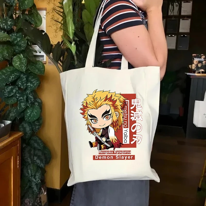 

Demon Slayer Kyojuro Rengoku Large Capacity Handbag for Women's Casual Portable Shoulder Bag Foldable Reusable Canvas Bag