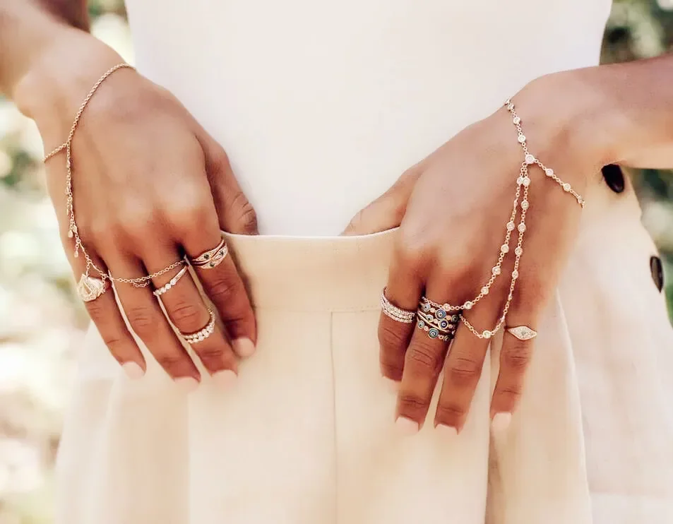 Wholesale 925 Sterling Silver Slave Chain Bracelet Connected Finger Ring Sparking Cz Zirconia Handlets Layers Jewelry Women