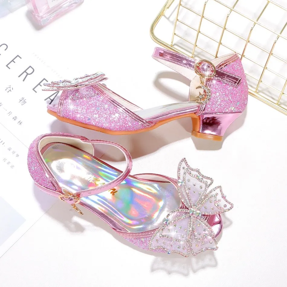 Kids Princess Wedges Children Elsa Party Dress Butterfly Pumps Little Girls Birthday Heel Princess Shoes Leather Ballerina Flats